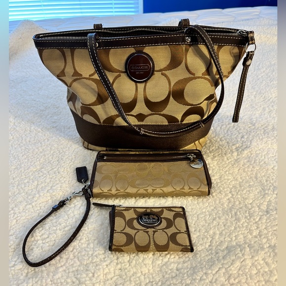 Coach signature striped tote with matching tech wallet and change purse. - Picture 1 of 17